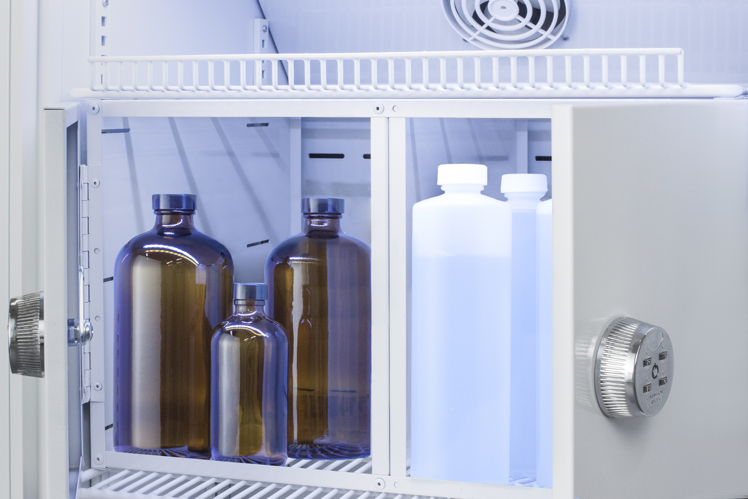 Performance series Med-Lab 15 cu.ft. upright all-refrigerator with 8 interior locking compartments, antimicrobial silver-ion handle, and hospital grade cord with 'green dot' cord